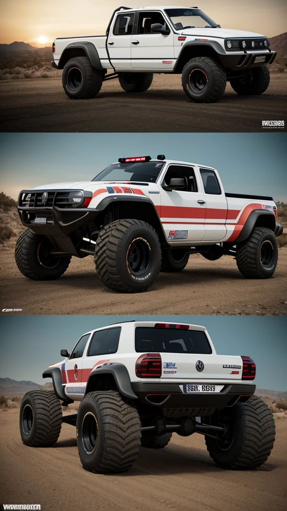 There is a Volkswagen VW Monster Truck painted in the anmerican flag design on the body with Enormous Wheels and thick off-road tyres, it is parked at a gas station at night the image is 8K Render, is of the highest quality, showcasing its details, octane render, unreal engine render, hyper-realistic.