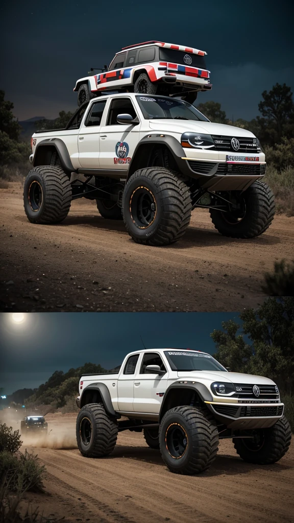 There is a Volkswagen VW Monster Truck painted in the anmerican flag design on the body with Enormous Wheels and thick off-road tyres, it is parked at a gas station at night the image is 8K Render, is of the highest quality, showcasing its details, octane render, unreal engine render, hyper-realistic.