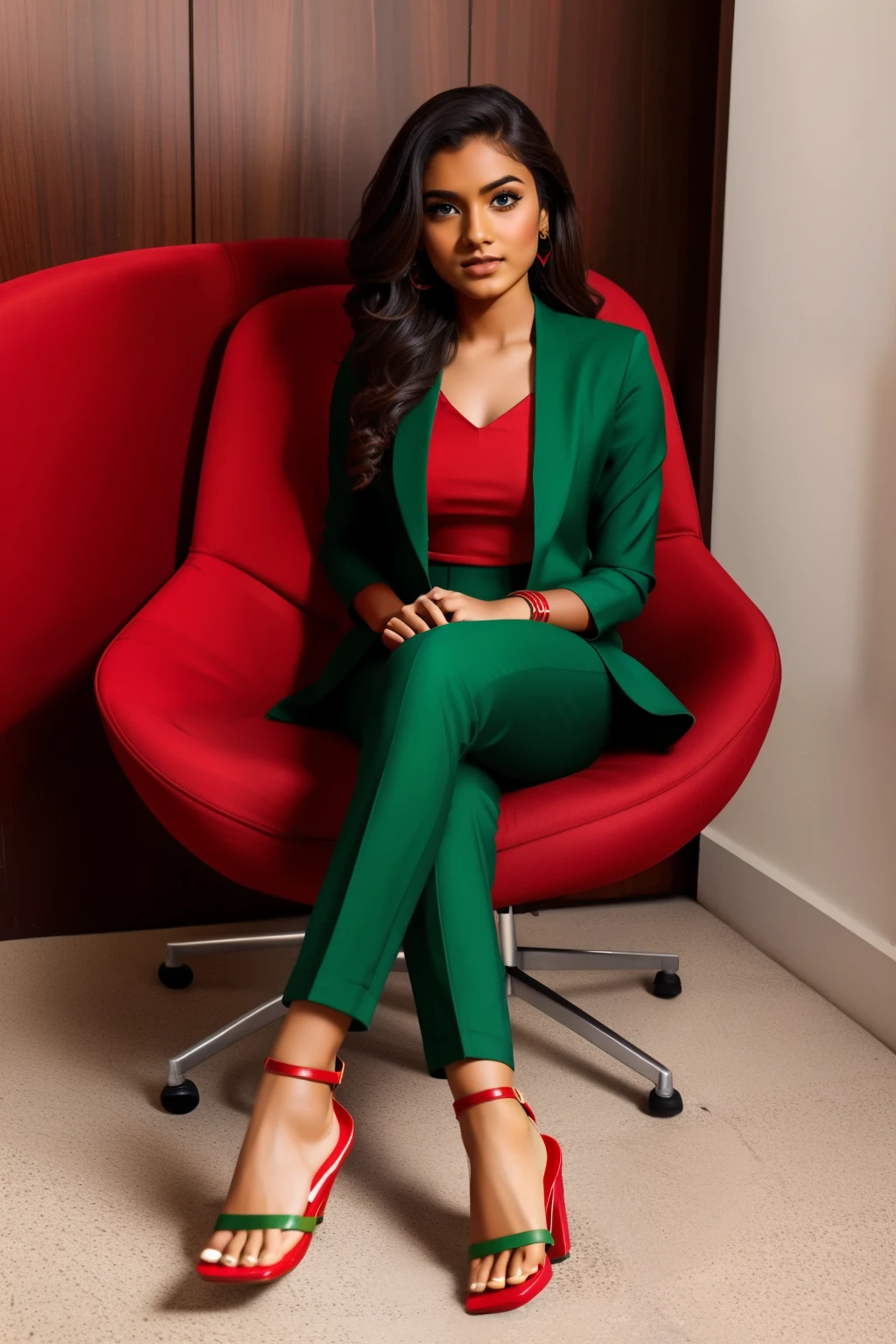 A beautiful 20-year-old indian woman with wavy brown hair, wearing a bold and (red green geometric suit)). Minimal red atmosphere, photo studio, artistic,(( black sandal square heels)) , sitting on a chair