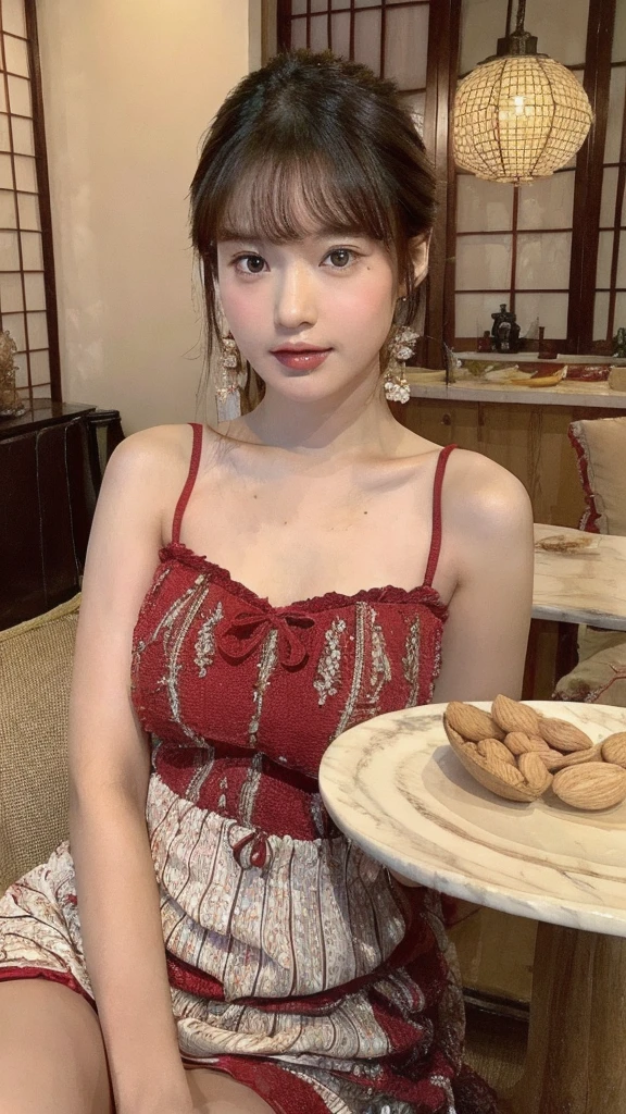 lifelike .(photorealistic) 1girl , perfect japanase girl body , super fine and intricate face and almond-shaped eyes, waering a fancy red dress