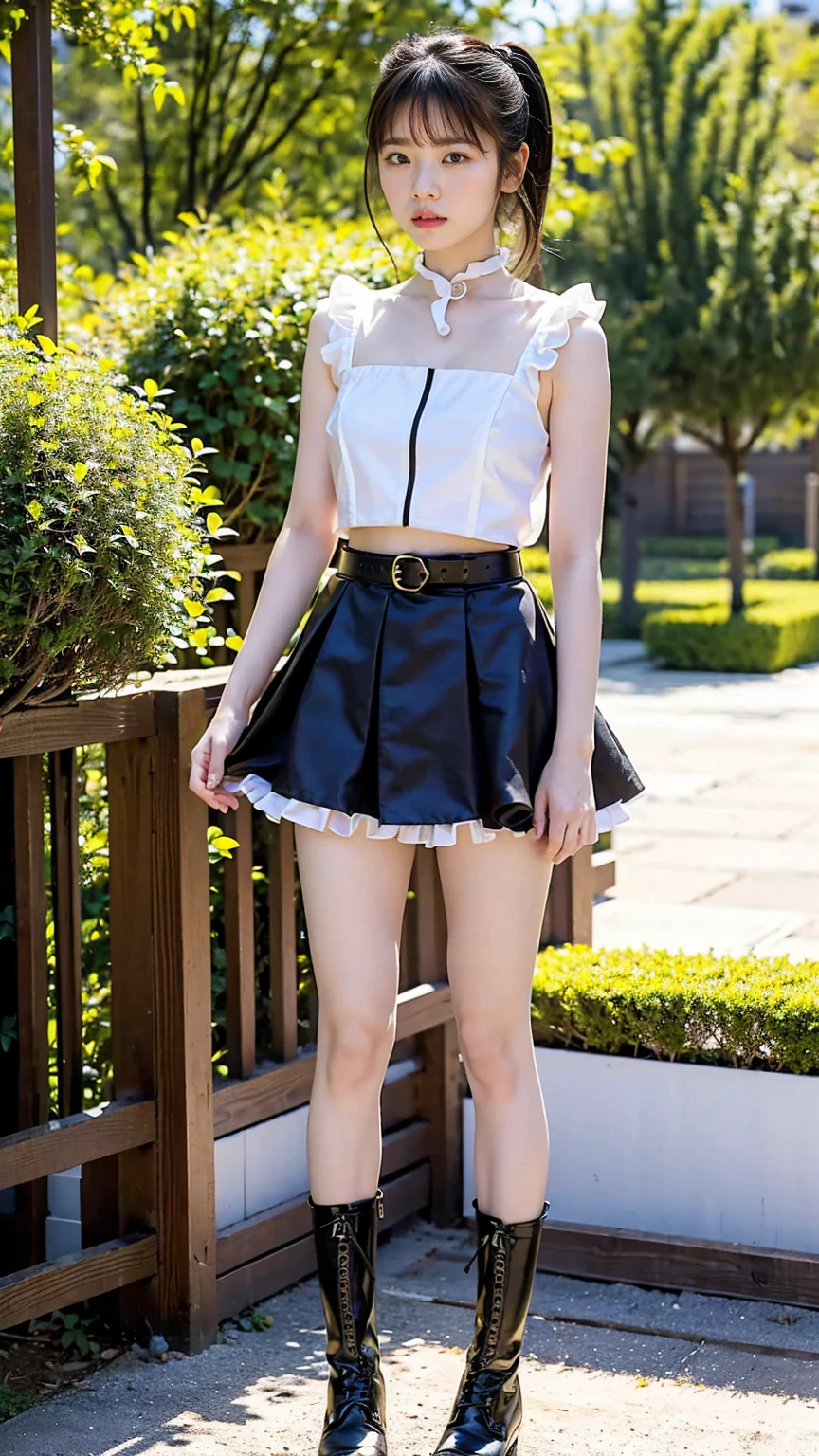 (8K、RAW Photos、Highest quality、masterpiece:1.2)、(Realistic、Realistic)、1 Girl、((Frills、See-through、black and white mini skirt、Thin legs、whole body、boots、garden、View from the front、Looking into the camera、belt、Stand with hands on hips))、cute