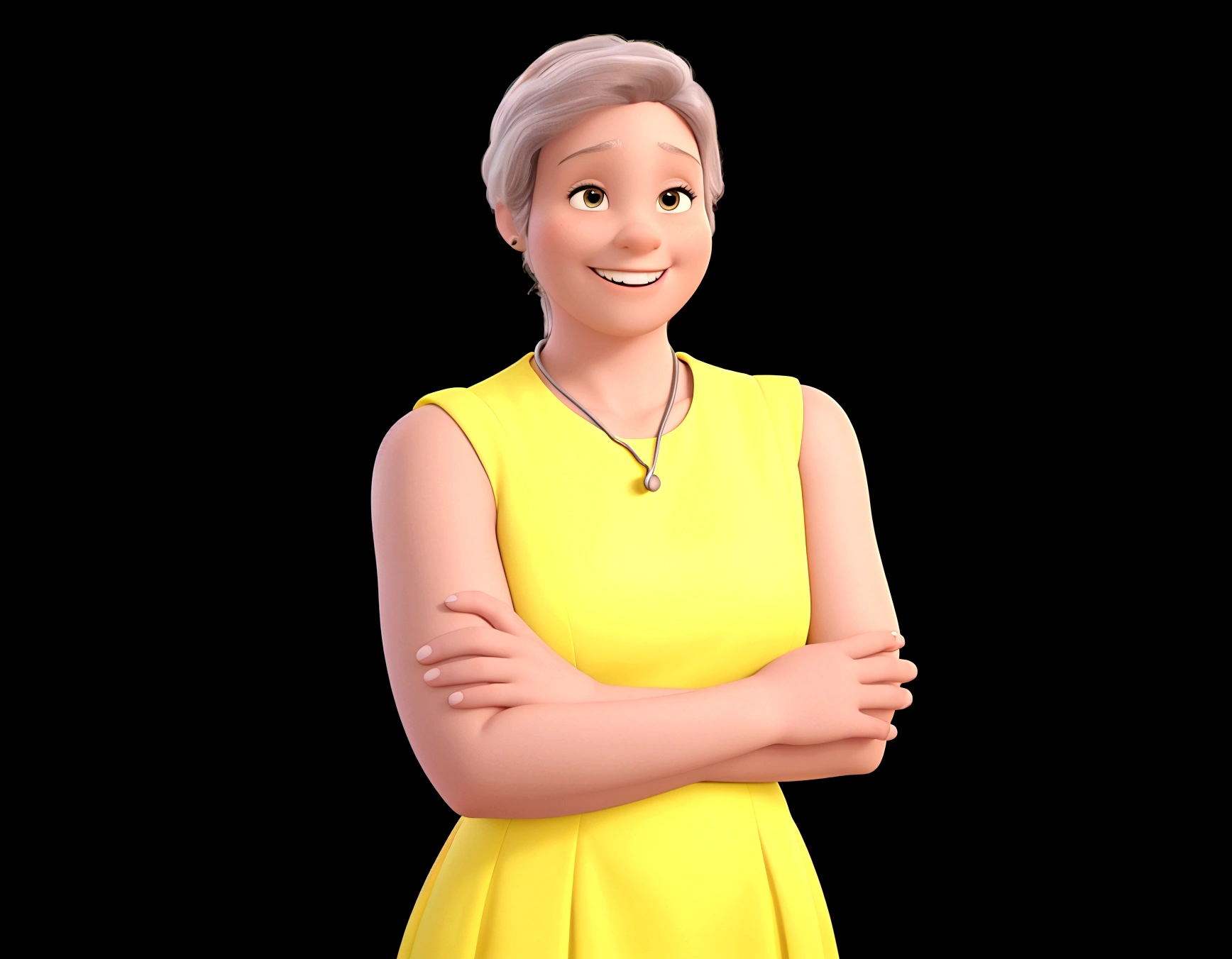 a Disney Pixar movie poster showing a doctor, the one in the photo, in a yellow midi dress with a stethoscope around her neck. With 4 children around, with different clothes, his body is 1.65 tall. The children are smiling, but they look like they are in the hospital. The background is a pediatric hospital. full body image3D rendering
