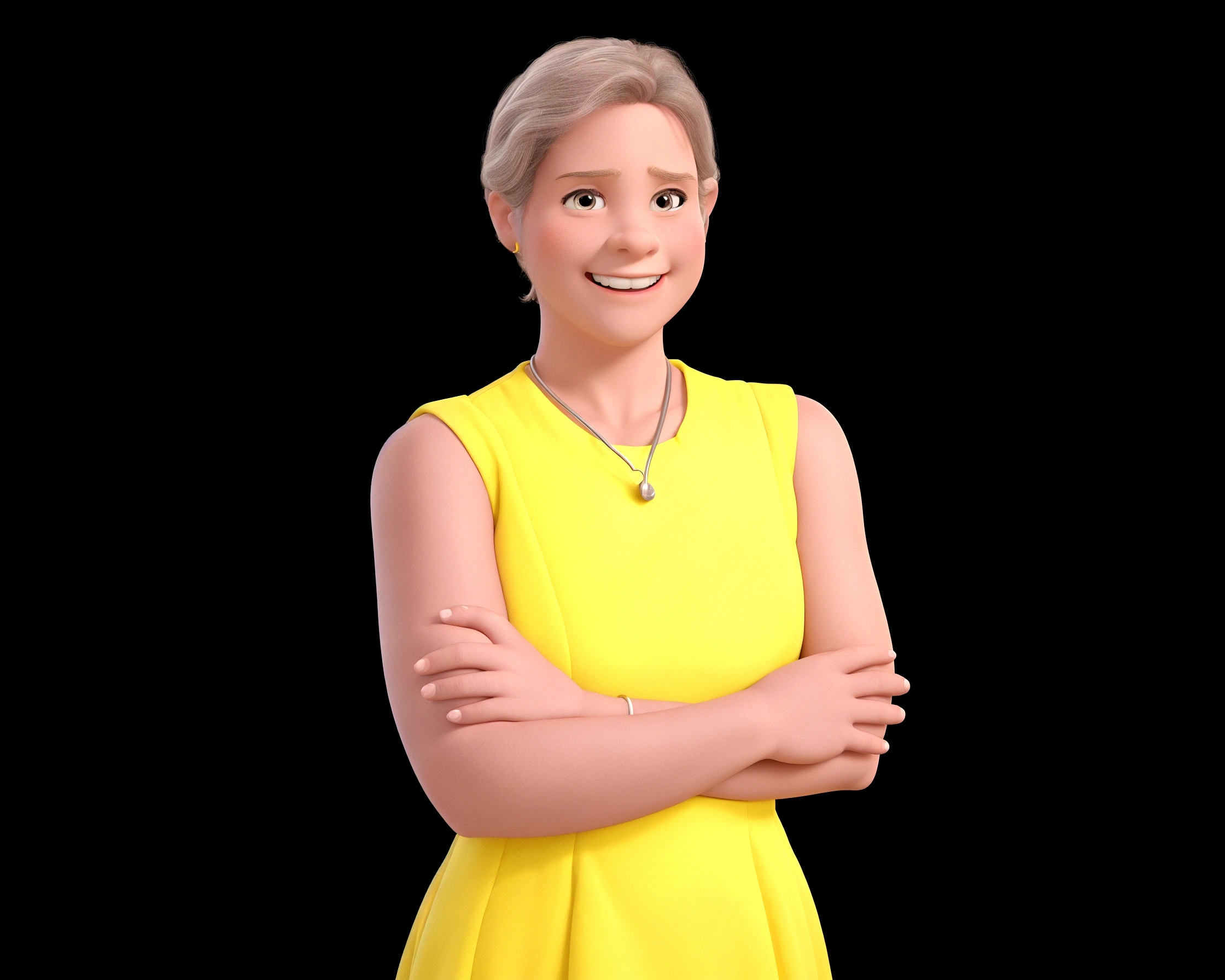 a Disney Pixar movie poster showing a doctor, the one in the photo, in a yellow midi dress with a stethoscope around her neck. With 4 children around, with different clothes, his body is 1.65 tall. The children are smiling, but they look like they are in the hospital. The background is a pediatric hospital. full body image3D rendering