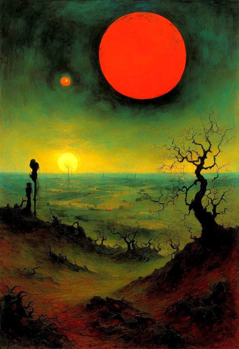 Mythical creatures, author:Zdzislaw Beksiński and Vincent van Gogh, romantic,landscape、Red moon and big eyes