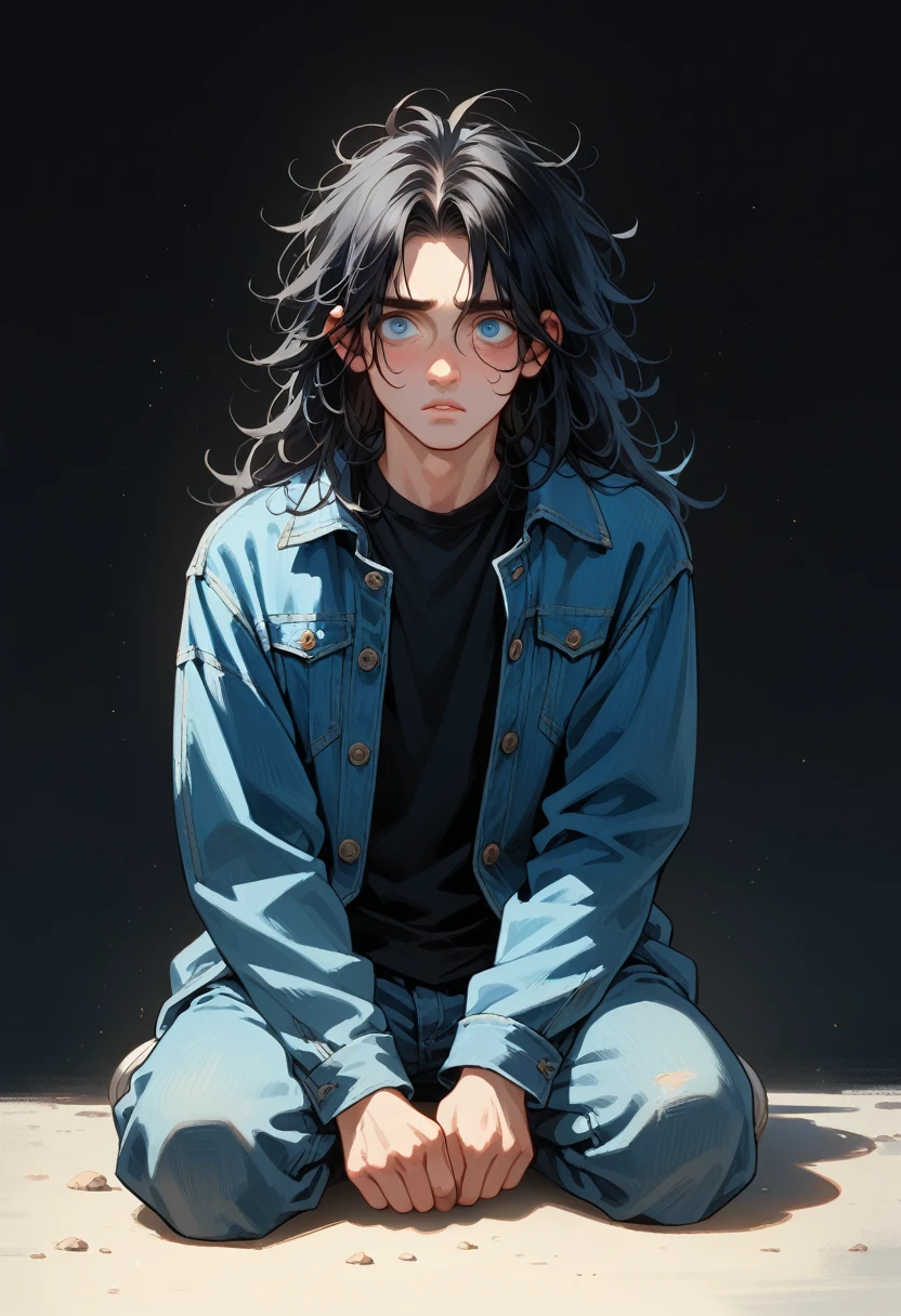 a young male of 25 years, andrew Garfield , round face, medium long hair, mane hair, hair back, messy hair, black hair, Sapphire blue eyes, small nose, small lips, soft jaw, denim jacket, black turtleneck t-shirt, exhausted expression, kneeling ,looking at the ground, black background, full body view, digital drawing 