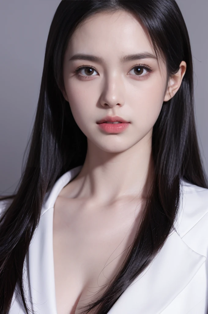 tmasterpiece，Best quality at best，A high resolution，8K，((Portrait))，(Head close-up)，Original photo，real photograph，digital photography，(The queen of the modern world)，(Female president)，20-year-old girl，straight long hair，By bangs，The amount of hair  amazing，red eyelack hair)，Big breasts，Chest groove， accessories，cparted lips，Keep your mouth shuegant and charming，Serious and arrogant，Calm and handsome，(Women's professional wear，Black)，Photo pose，Realisticstyle，greybackground，oc render reflection texture