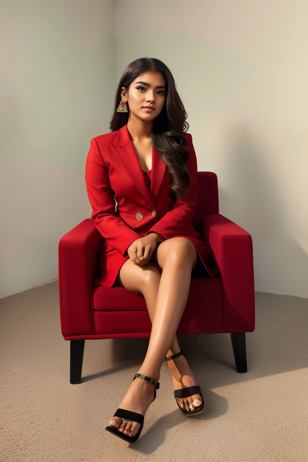 A beautiful 20-year-old indian woman with wavy brown hair, wearing a bold and (red green geometric suit)). Minimal red atmosphere, photo studio, artistic,(( black sandal square heels)) , sitting on a chair