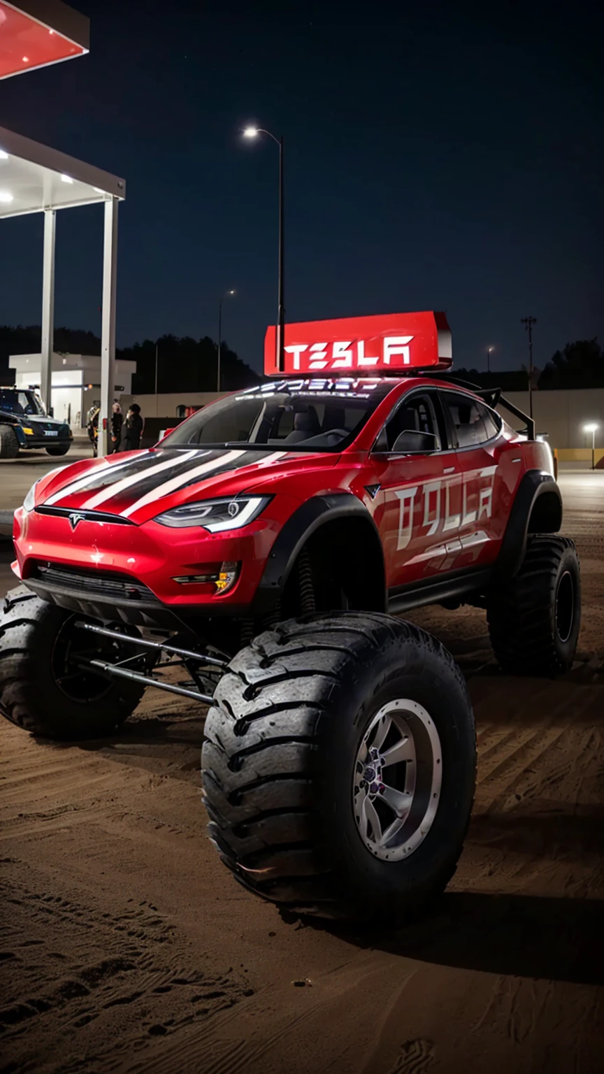 arafed vehicle with a large tire parked in a parking lot, tesla dune buggy, tesla car, tesla, tesla cybertruck, elon musk as the incredible hulk, monster truck, police tesla, car tesla 3, trophy truck, monster truck rally, tesla coils, by Drew Tucker, hyperdetalied, musk ( 2 0 2 4 ), an ultra realistic