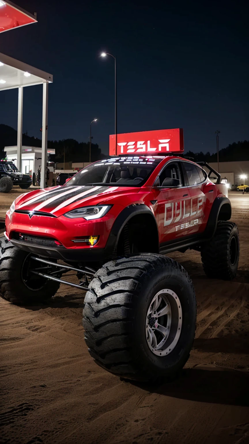 arafed vehicle with a large tire parked in a parking lot, tesla dune buggy, tesla car, tesla, tesla cybertruck, elon musk as the incredible hulk, monster truck, police tesla, car tesla 3, trophy truck, monster truck rally, tesla coils, by Drew Tucker, hyperdetalied, musk ( 2 0 2 4 ), an ultra realistic