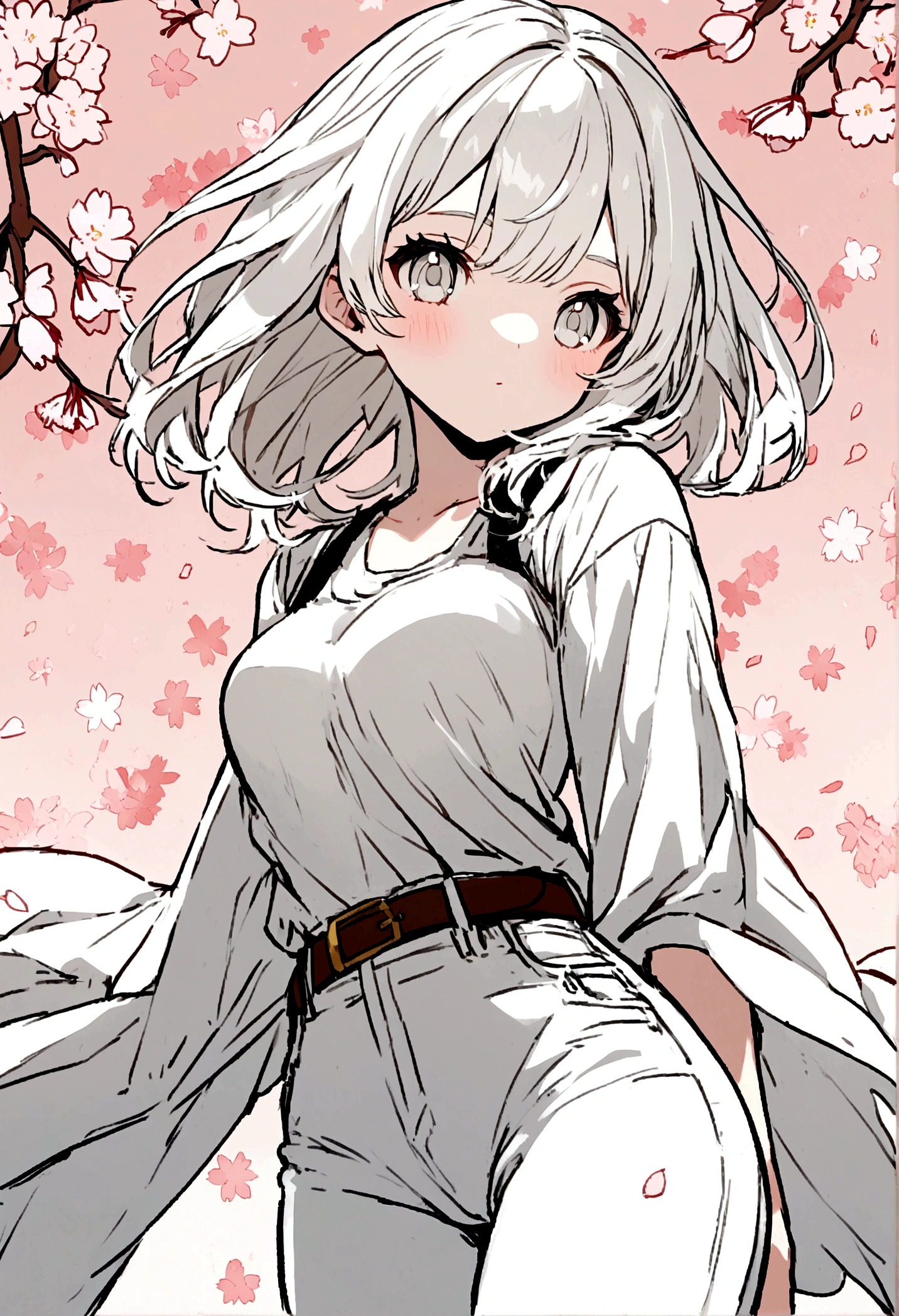 anime girl, bright, white hair, white eyes, white shirt, white jeans, sakura background