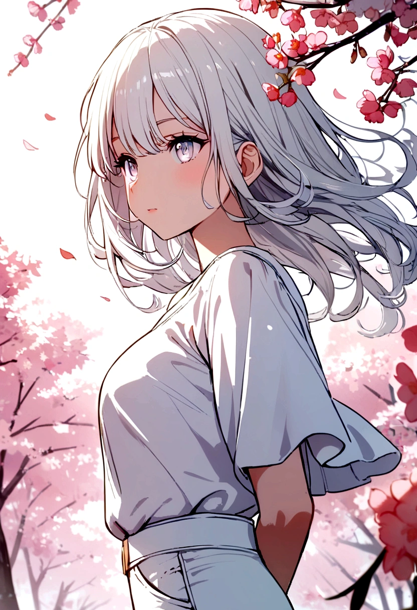 anime girl, bright, white hair, white eyes, white shirt, white jeans, sakura background 