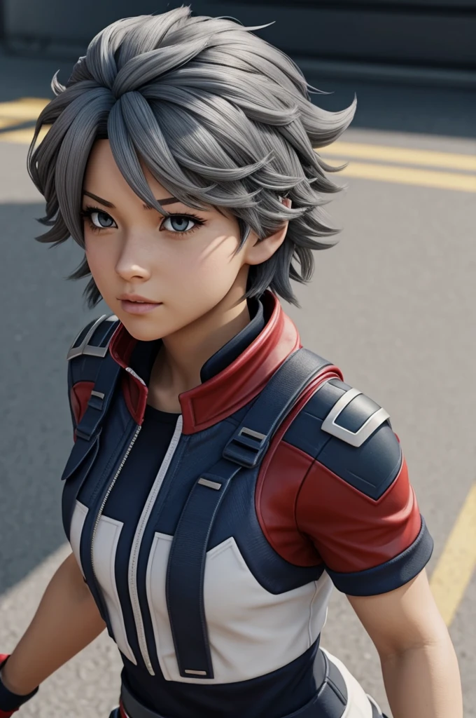 Create a female character inspired by the My Hero Academia universe. His hair is short and gray.
