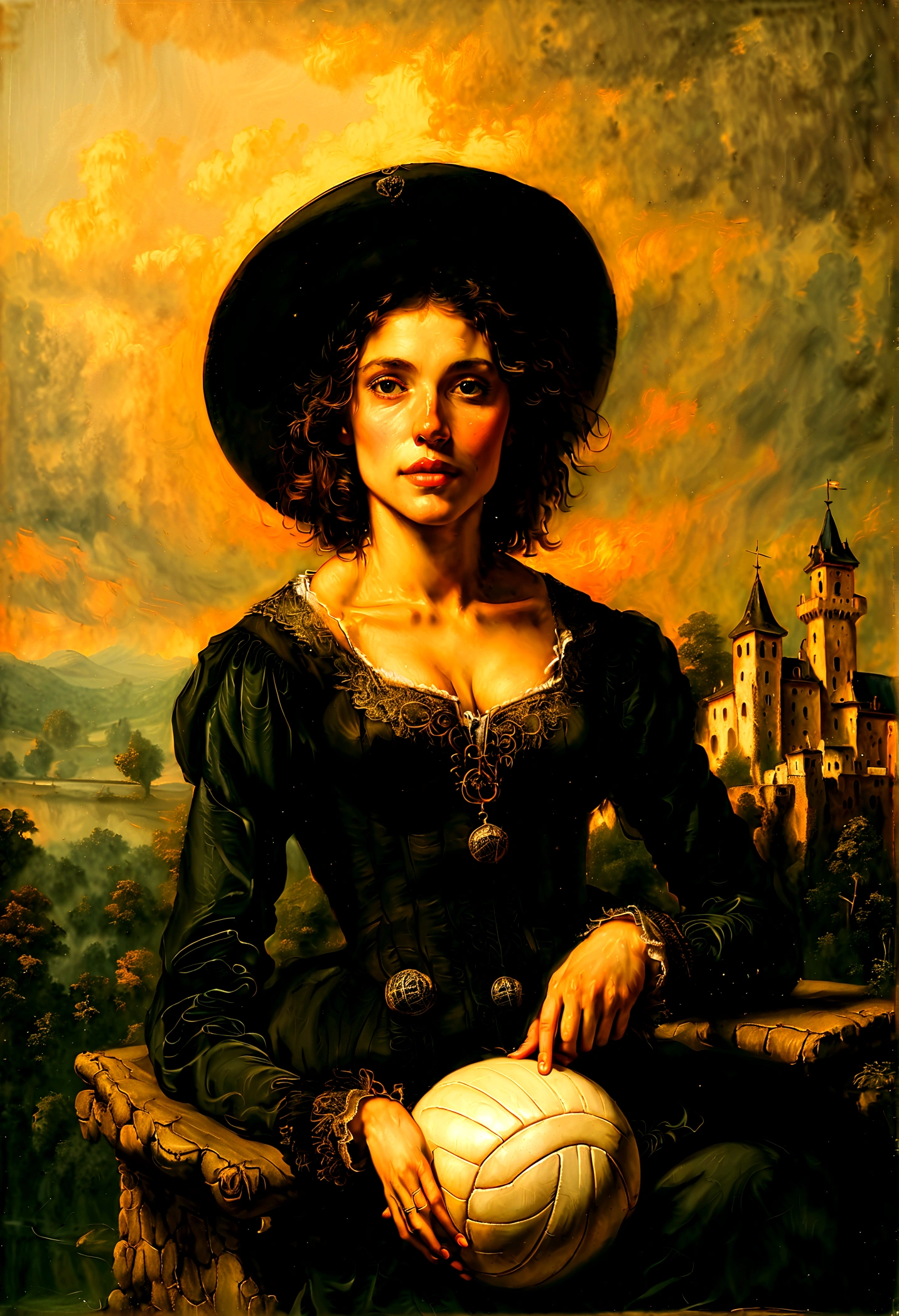 a masterful paint made by Rembrandt of a ((woman playing volleyball: 1.3) on an on coast of the Loir river, an extraordinary beautiful ((renaissance woman: 1.3)), full body, long hair, wavy hair, dynamic hair color, dynamic eye color, ((anatomically correct: 1.5)) playing volleyball, in a beautiful beach on the Loir river, best detailed face, a French medieval castle on the river bank in the background, Ultra-high resolution, High Contrast, (masterpiece:1.5), highest quality, Best aesthetics), best details, best quality, highres, 16k, [ultra detailed], masterpiece, best quality, (extremely detailed), Intense gaze, chumbasket art style, style of Rembrandt