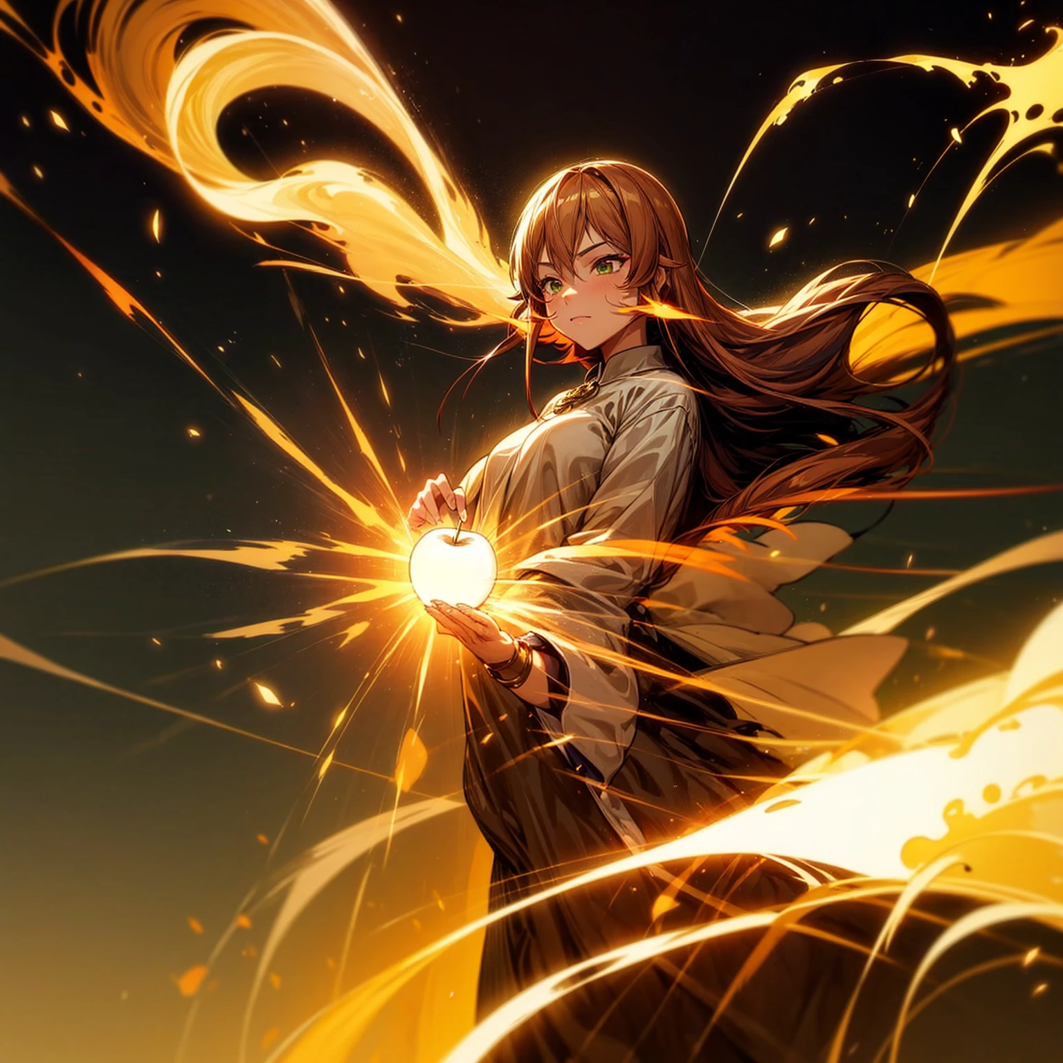 1girl, Full body version, 1character, adult version, green eyes color, long haircut, brown colour hair, Happy expression, Bandage on his hand, medieval style clothing, gold Apple in hand, background in town, motion blur, aura effect, lighting gold Apple, smoke aura in hand, lighting fire, fire effect, sunlight, Light silhouette, golden light aura, apple emitting smoke aura, (pokemon style)