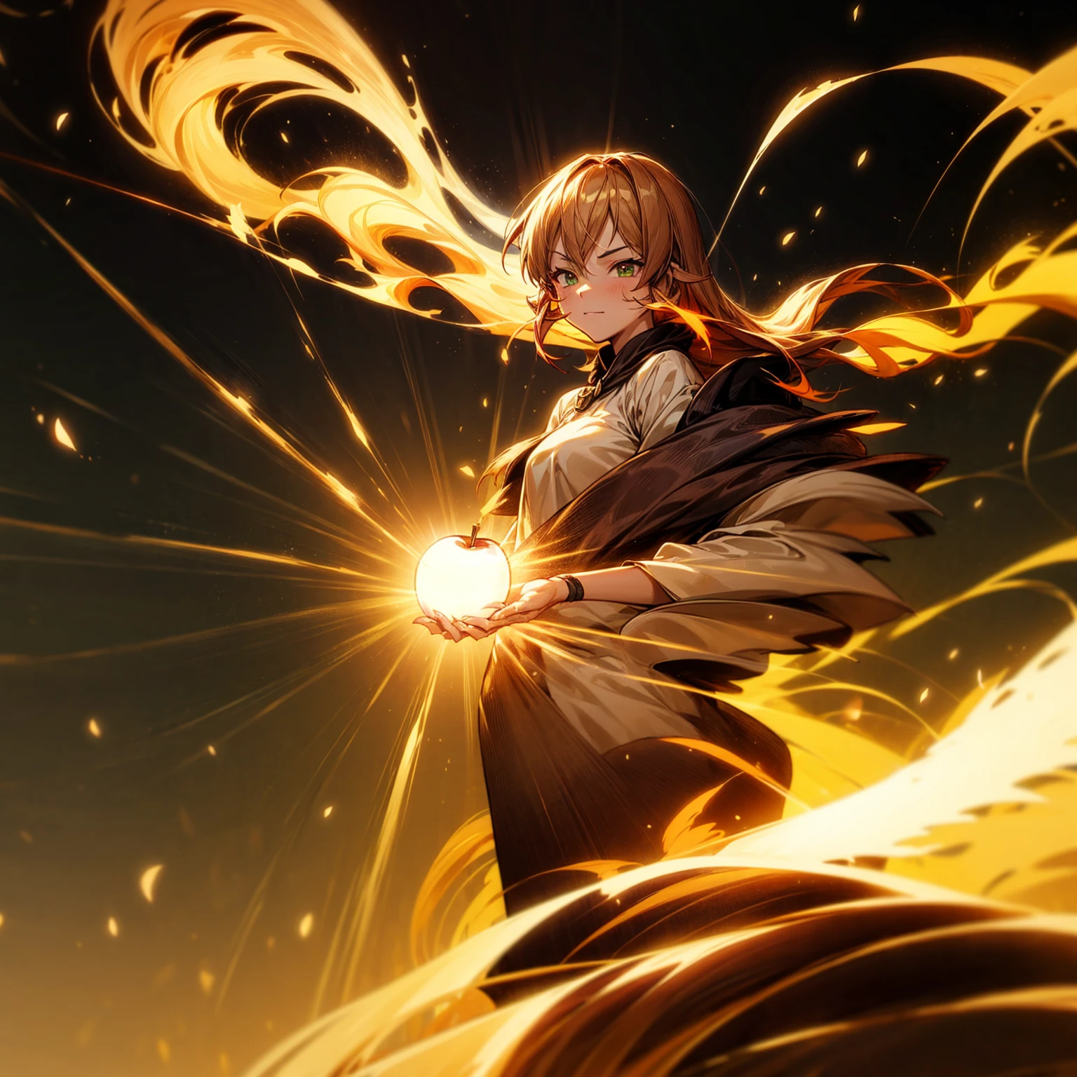 1girl, Full body version, 1character, adult version, green eyes color, long haircut, brown colour hair, Happy expression, Bandage on his hand, medieval style clothing, gold Apple in hand, background in town, motion blur, aura effect, lighting gold Apple, smoke aura in hand, lighting fire, fire effect, sunlight, Light silhouette, golden light aura, apple emitting smoke aura, (pokemon style)