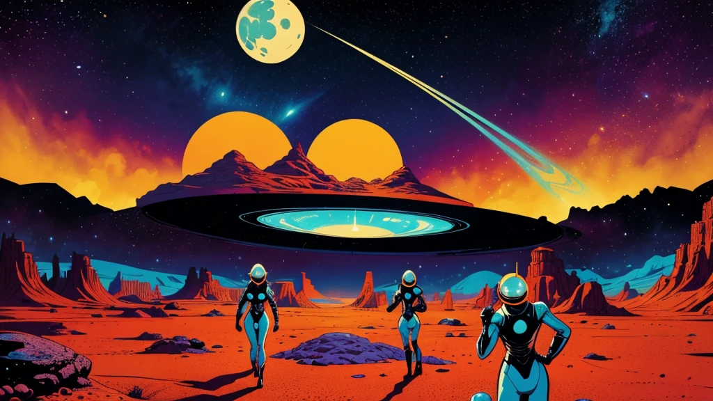 Create a dazzling alien world in the style of 1950s-70s comic book art. Use bold outlines, halftone patterns, and exaggerated perspective. Employ intense, saturated colors reminiscent of vintage four-color printing. Choose ONE of these elements:
-Bizarre, tentacled monsters with multiple eyes and otherworldly appendages - SUPER HOT SPACEGIRL
-A desolate, crater-filled landscape with twin moons in the sky
-Retro space girls in sleek silver suits and bubble helmets
Maintain a psychedelic, otherworldly atmosphere with swirling, colorful skies and strange celestial bodies. Emphasize the contrast between light and shadow to create a dramatic, pulp sci-fi feel.