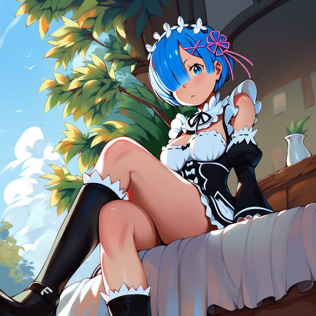 score_9, score_8_up, score_7_up, rem_\(re:zero\)
blue_eyes,hair_over_one_eye,short_hair,blue_hair,hair_ribbon,roswaal_mansion_maid_uniform, 1girl, solo, sitting, crossed legs, from below