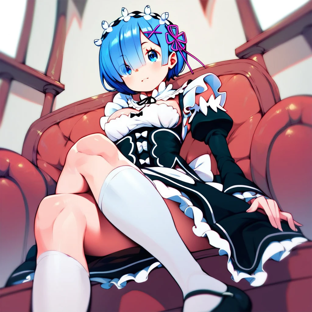 score_9, score_8_up, score_7_up, rem_\(re:zero\)
blue_eyes,hair_over_one_eye,short_hair,blue_hair,hair_ribbon,roswaal_mansion_maid_uniform, 1girl, solo, sitting, crossed legs, from below