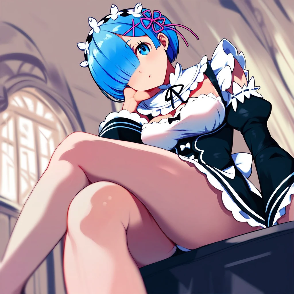 score_9, score_8_up, score_7_up, rem_\(re:zero\)
blue_eyes,hair_over_one_eye,short_hair,blue_hair,hair_ribbon,roswaal_mansion_maid_uniform, 1girl, solo, sitting, crossed legs, from below
