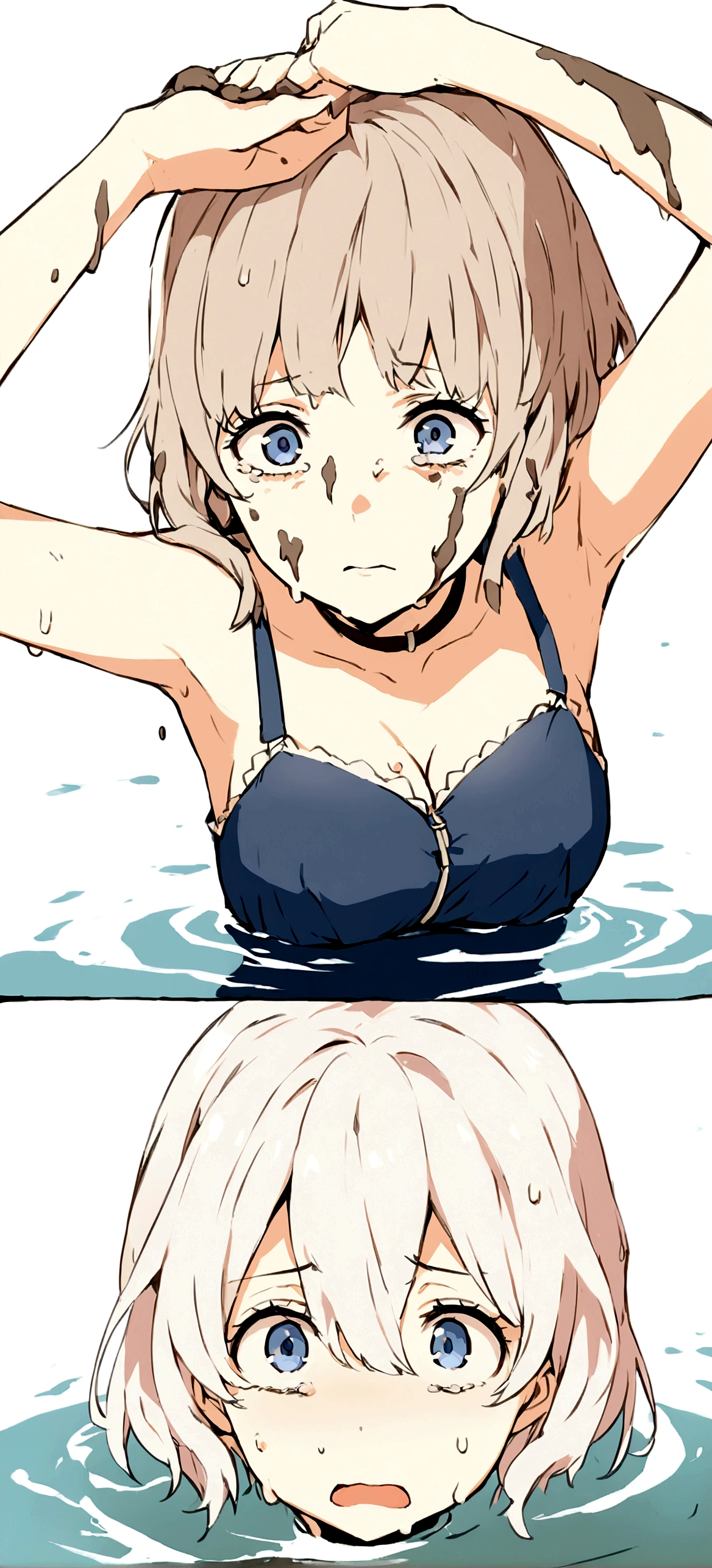 (woman from afar in front of a giantess breasts: 1.2), (woman in front of the breasts of a giantess: 1.2), (a giantess looking down at a girl on water: 1.2), (woman on a tiny water looking up at a giant girl: 1.1), (modern bathtub background: 1.2), (2girls:1.5), (giantess:1.2), (size difference: 1.2), (height difference: 1.5), (bra:1.2), very detailed, beautiful, professionally drawn, (perfect beautiful skin), (huge breasts with nipples: 1.2), (mature woman: 1.4), looking at another, (two girls looking at another: 1.2), :o, happy, >:D