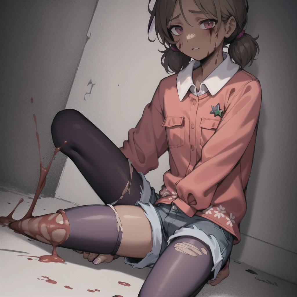 ,Masterpiece, 1girl, (solo), cassie, shorts, red shirt, (dark skin), injuries, full body, damaged clothing, ripped shorts, torn leggings, weak legs, weak posture, bloody wounds, in pain, broken limbs, suffering,, blood on body, detailed background, detailed shading, masterpiece,