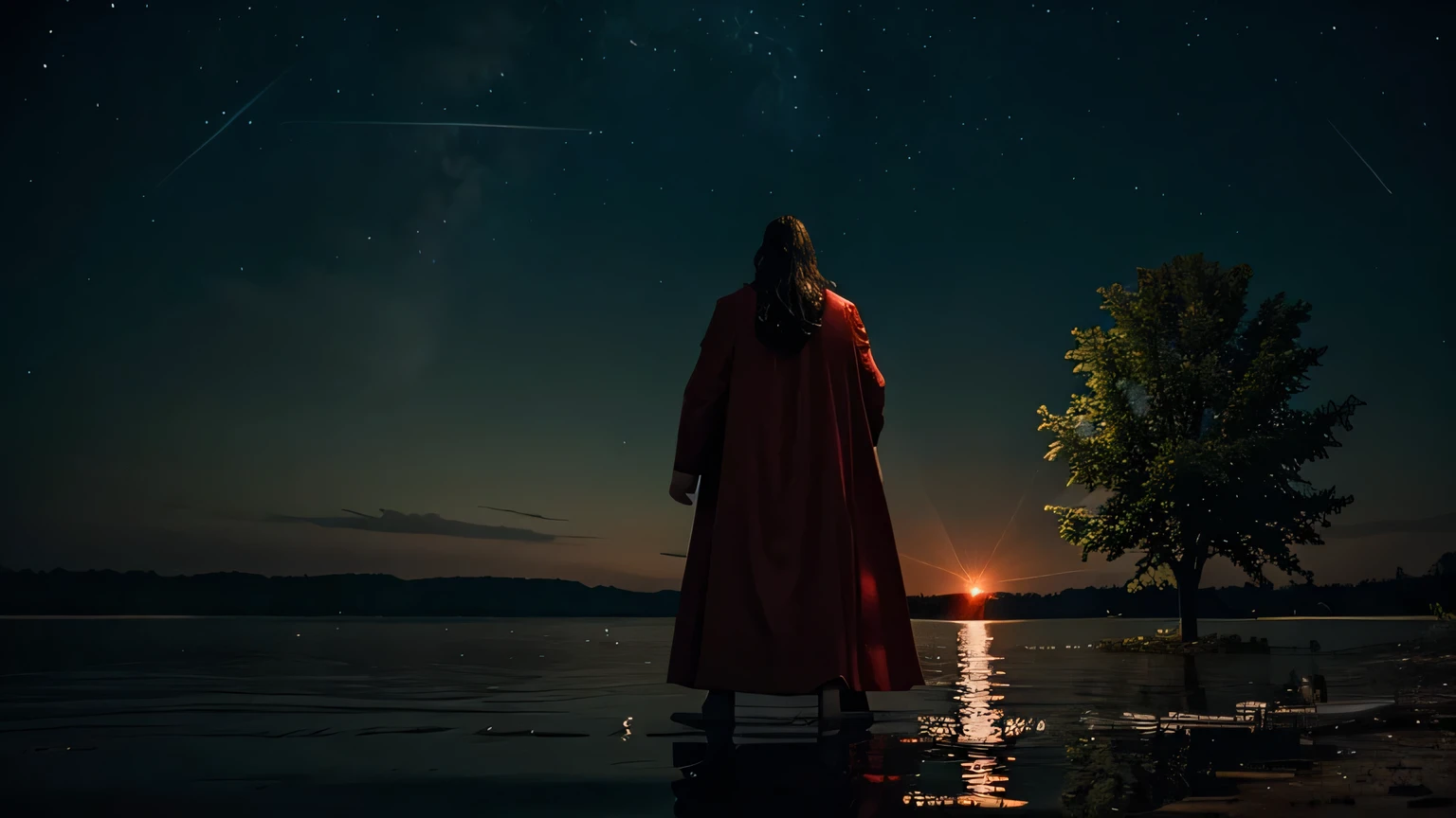 Jesus as king NEXT TO A SINGLE HUGE GREEN TREE surrounded by WATER, the night sky seen from behind with a red cape and a sword in his hand.