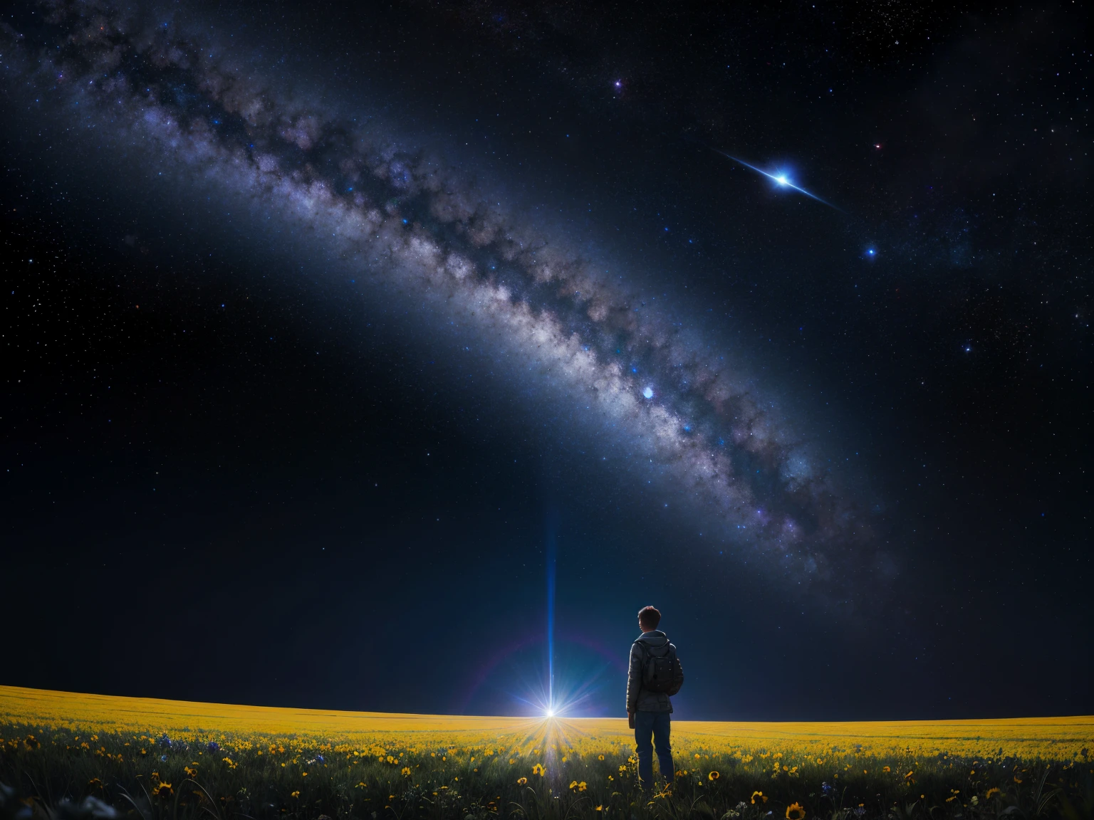 painting of a boy standing on the grass with a bright light in the background, looking out into the cosmos, in a cosmic field, strange portrait with galaxy, in the field of internal hyperspace, Holographic projection, Nascimento do Universo, video still, in the universe, consciousness projection, on a galaxy-looking background, standing in outer space, holding a galaxy