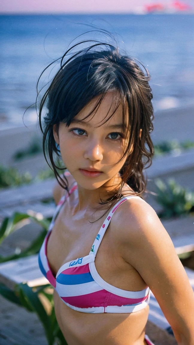 bikini、18-year-old、(bangs:1.6),Playing on the beach、((whole body))、(Thighs)、(ponytail:1.5)、(Looking into the camera:1.5),serious、Shyness