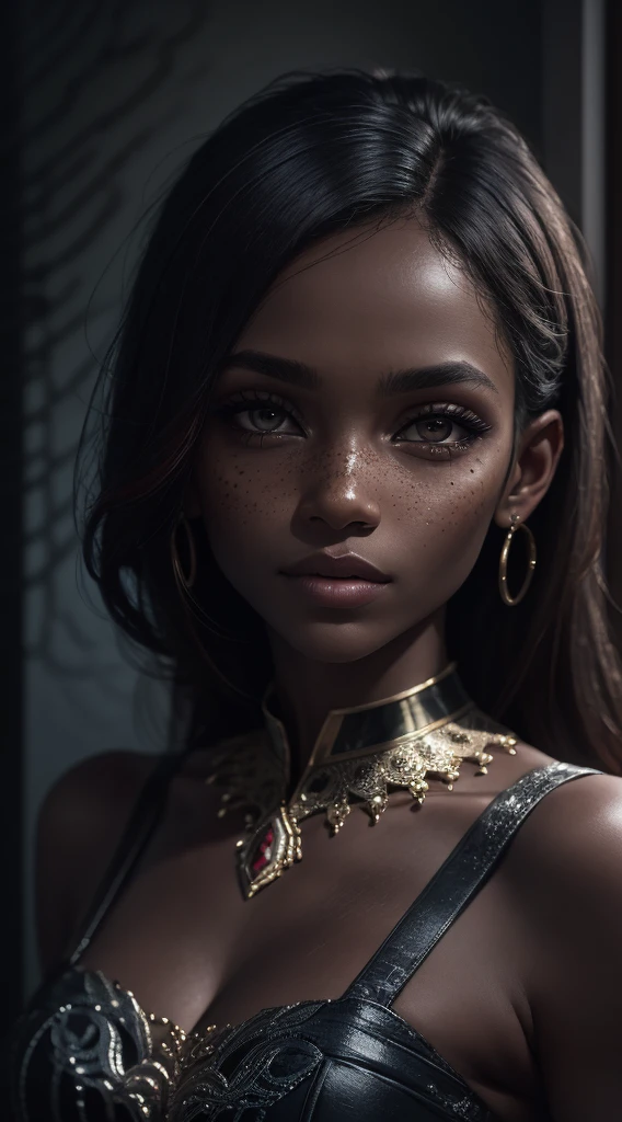 An exquisite portrait of a black African woman with deep ebony skin, photography captured in stunning 8k resolution and raw format to preserve the highest quality of details. The beauty of women is undeniable, her face commanding the frame in a close-up that reveals the intricate details of her eyes. She wears a dress that complements her radiant skin, and her eyes are portrayed with meticulous attention to detail, showing the captivating depth within. The photograph is taken with a lens that emphasizes the challenge of your gaze, and the backdrop is a dark studio environment that brings out the soft colors of the scene. Lighting and shadows are expertly crafted to highlight the richness of your skin tone and the subtle nuances of your features... Your red hair, with its distinct tone, adds a touch of warmth and contrast against your ebony skin. The interior ambiance adds a sense of intimacy, while the freckles on your skin tell their own story. The overall composition captures its essence with authenticity and grace, creating a portrait that is a celebration of your heritage and beauty. Photography by challenge512, using the best shadow and lighting techniques, to create a mesmerizing portrait that transcends the visual.
