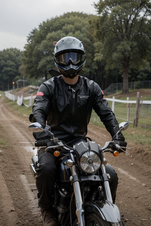 Man on motorcycle, closed black motocross helmet, Selfie