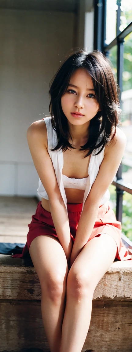 (8K、top-quality、​masterpiece:1.2)、(reallistic、Photorealsitic:1.37)、The ultra -The high-definition、
Final Fantasy VII remake Tifa Lockhart on a date in a detailed portrait of her sitting in a café with every detail of the cityscape、 Float on a tank top、Beautiful eyes and blushing nose with attention to detail、Looks cute and solo。She has a single elbow pad、Ankle Boots、a black skirt、Black Sai Hai、Red boots、And elbow gloves、elbow pad、I wear fingerless gloves。Her costume includes、Sportsbra、Suspender Skirt、Thigh、Includes white tank top。You can see your whole body with your head in your hands、a Pretty face、long hair tied up low、Showing lips。Scenes are professionally lit、photon maping、Illuminated by Radiosity、Tetsuya Nomura style creates a cyberfuturistic atmosphere。You can see white panties with knees upright in a super mini skirt、The background features yellow flowers and a bokeh effect。Tifa closes her mouth with a small smile。