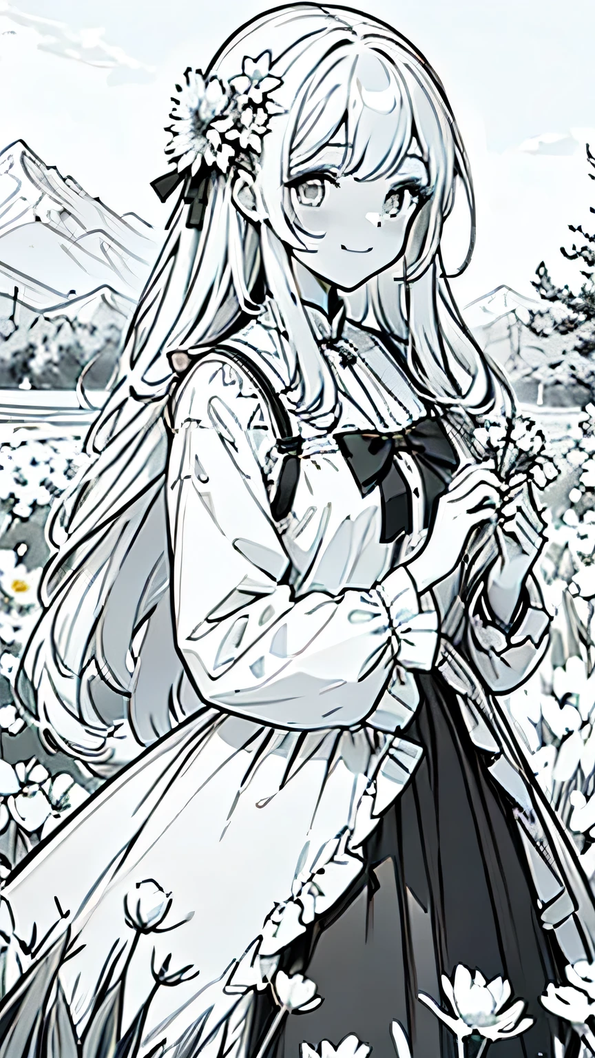 Masterpiece, Best Quality, 1 girl, Alone, long_Hair, looking_in_viewer, SMILE, hits, Skirt, shirt, long_sleeves, hin, dress, bow, tinincia, closed_boca, flower, steering wheels, Hair_flower, Petals, branch, tinincia_flower, cintro_steering wheels, hood, tinincia_branch, flower field, flower field, line art, monochrome,