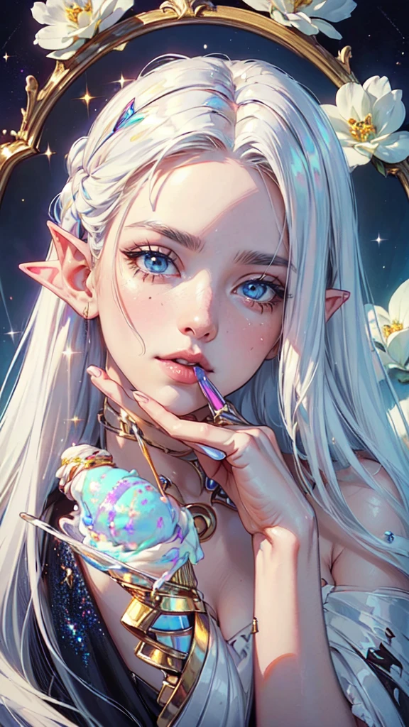 masterpiece, highest quality, (perfect face:1.1, (high detail)1.1, sweet Alien vampire eating ice cream, long soft white hair, opal eyes, perfectly drawn face, ice cream shoppe detailed background, prismatic lighting, glitter,detailed eyes, detailed hands, detailed eyes, elf woman, flowers,full body