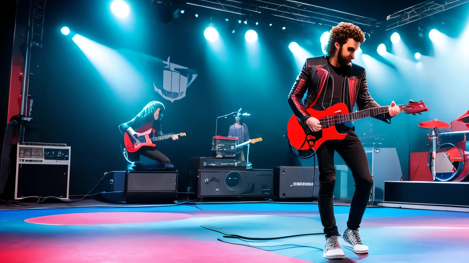 rock guitarrist, ON STAGE PLAYING ELETRIC GUITAR, STAND FULL BODY, red JACKET,WHiTE PENTS, 8k, realista na fisionomia,cabelo tamanha medio na altura do ombro