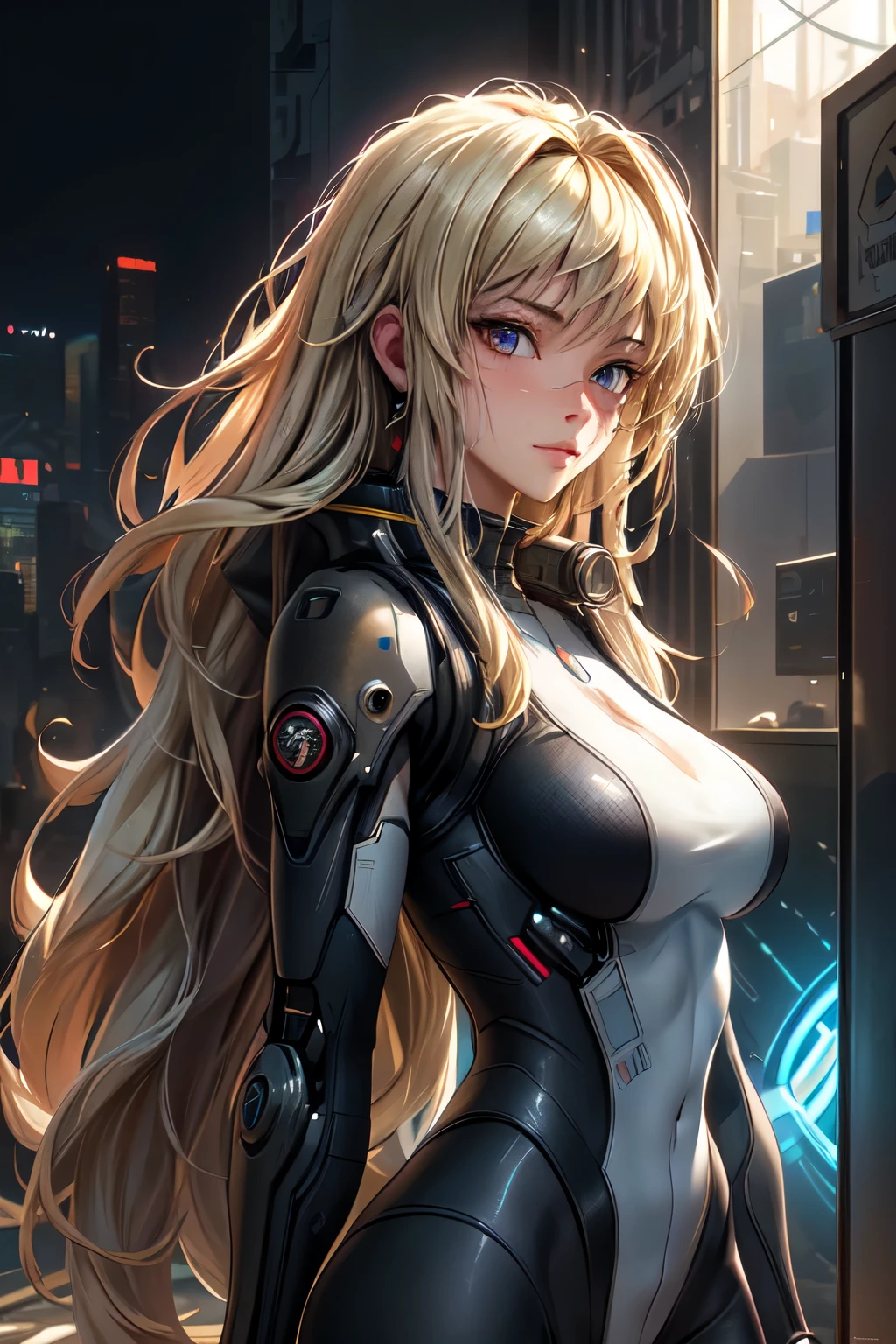 ((best quality)), ((Masterpiece)), (details:1.4), 3d, Image of a beautiful cyberpunk woman., HDR (high dynamic range), mature woman, long hair, blonde hair, future police, PBR surface, After processing, Anisotropic filtration,depth of field, Maximum clarity and clarity, multi-layered surface, perfect proportions, 8K raw files, future world, at night, Scars on the face, futuristic city background,