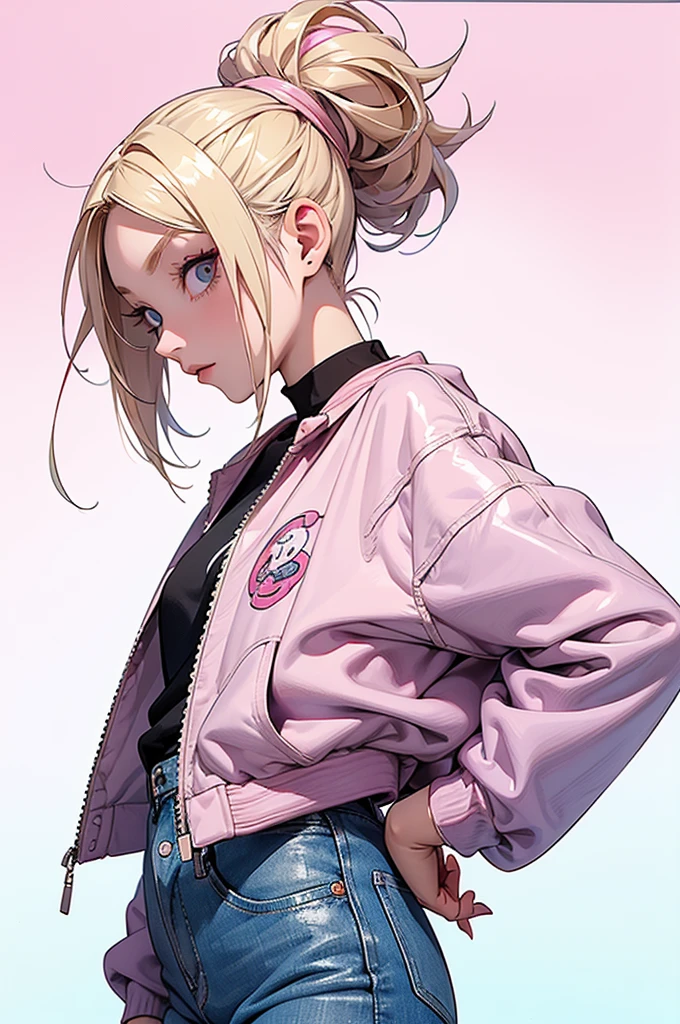 girl similar to gorillaz noodle, blonde hair tied up ((drawing)), ((anime girl nose)), stylish girl in profile view, wearing a fluffy pink jacket over tight iridescent pants and pink high-top skates. Include details like reflective qualities on the pants, imitating shiny fabric,
