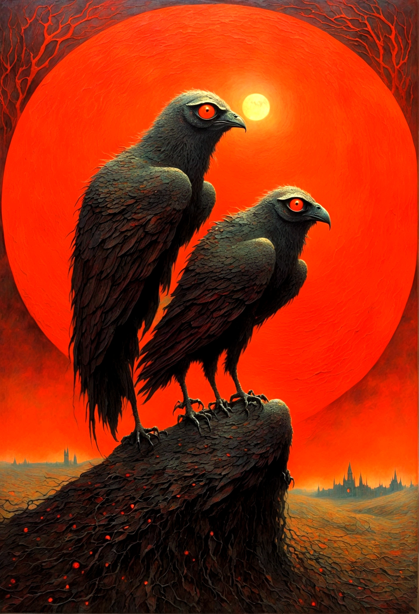 Mythical creatures, author:Zdzislaw Beksiński and Vincent van Gogh, Red moon and big eyes