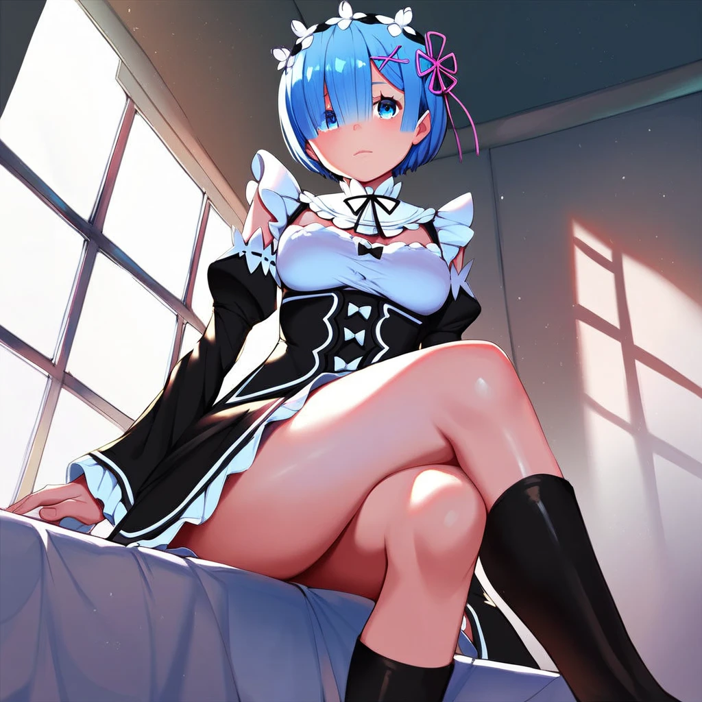 score_9, score_8_up, score_7_up, rem_\(re:zero\)
blue_eyes,hair_over_one_eye,short_hair,blue_hair,hair_ribbon,roswaal_mansion_maid_uniform, 1girl, solo, sitting, crossed legs, from below