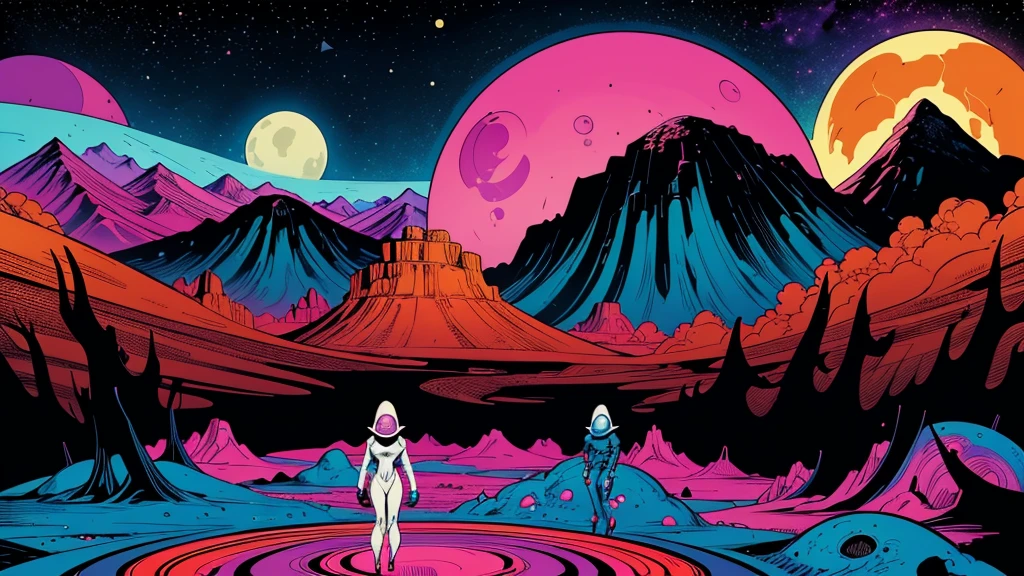 Create a dazzling alien world in the style of 1950s-70s comic book art. Use bold outlines, halftone patterns, and exaggerated perspective. Employ intense, saturated colors reminiscent of vintage four-color printing. Choose ONE of these elements:
-Bizarre, tentacled monsters with multiple eyes and otherworldly appendages
-A desolate, crater-filled landscape with twin moons in the sky
-Retro space girls in sleek silver suits and bubble helmets
Maintain a psychedelic, otherworldly atmosphere with swirling, colorful skies and strange celestial bodies. Emphasize the contrast between light and shadow to create a dramatic, pulp sci-fi feel.