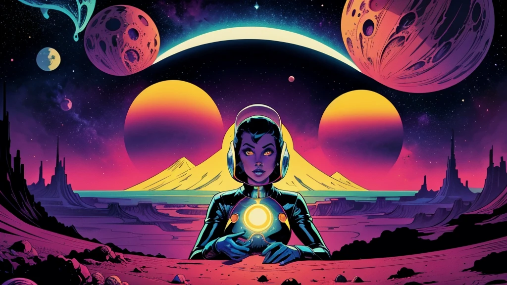Create a dazzling alien world in the style of 1950s-70s comic book art. Use bold outlines, halftone patterns, and exaggerated perspective. Employ intense, saturated colors reminiscent of vintage four-color printing. Choose ONE of these elements:
-Bizarre, tentacled monsters with multiple eyes and otherworldly appendages
-A desolate, crater-filled landscape with twin moons in the sky
-Retro space girls in sleek silver suits and bubble helmets
Maintain a psychedelic, otherworldly atmosphere with swirling, colorful skies and strange celestial bodies. Emphasize the contrast between light and shadow to create a dramatic, pulp sci-fi feel.