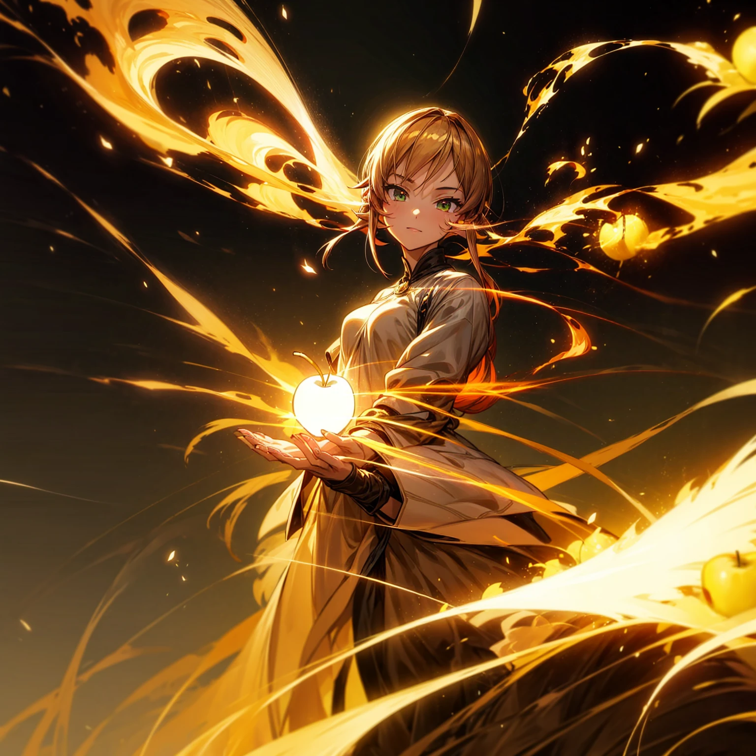 1girl, Full body version, 1character, adult version, green eyes color, long haircut, brown colour hair, Happy expression, Bandage on his hand, medieval style clothing, gold Apple in hand, background in town, motion blur, aura effect, lighting gold Apple, smoke aura in hand, lighting fire, fire effect, sunlight, Light silhouette, golden light aura, apple emitting smoke aura, (pokemon style)