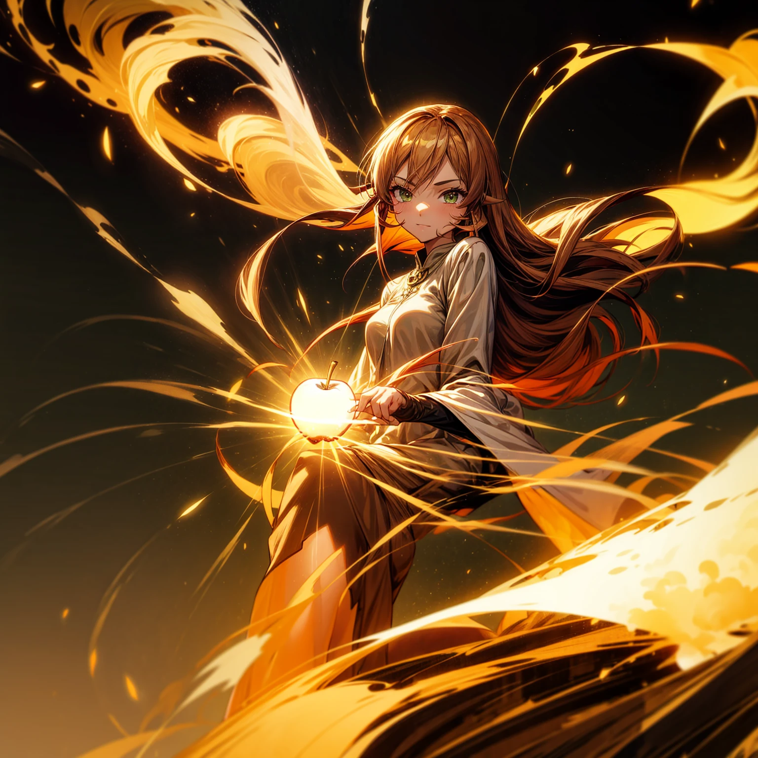 1girl, Full body version, 1character, adult version, green eyes color, long haircut, brown colour hair, Happy expression, Bandage on his hand, medieval style clothing, gold Apple in hand, background in town, motion blur, aura effect, lighting gold Apple, smoke aura in hand, lighting fire, fire effect, sunlight, Light silhouette, golden light aura, apple emitting smoke aura, (pokemon style)