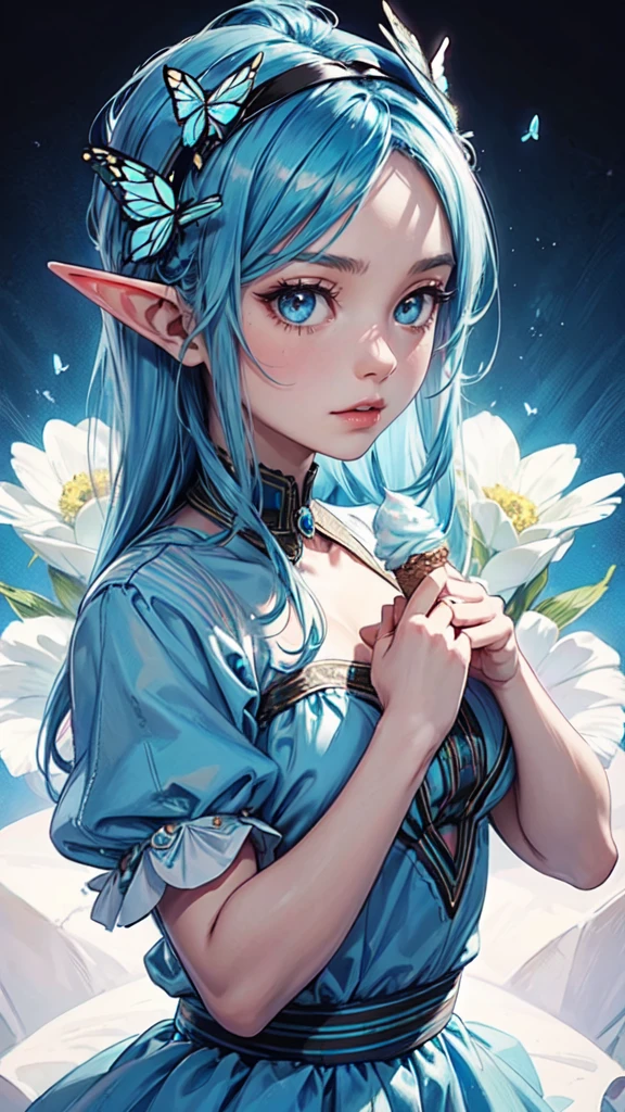 plastican00d, 1girll, tchibi, Blue hair,Ice cream in hand,There is a large butterfly headband on the head,Luxury fabrics, dither, Ice cream texture,Profound, looking at viewert, Striped background,,detailed eyes, detailed hands, detailed eyes, elf woman, flowers