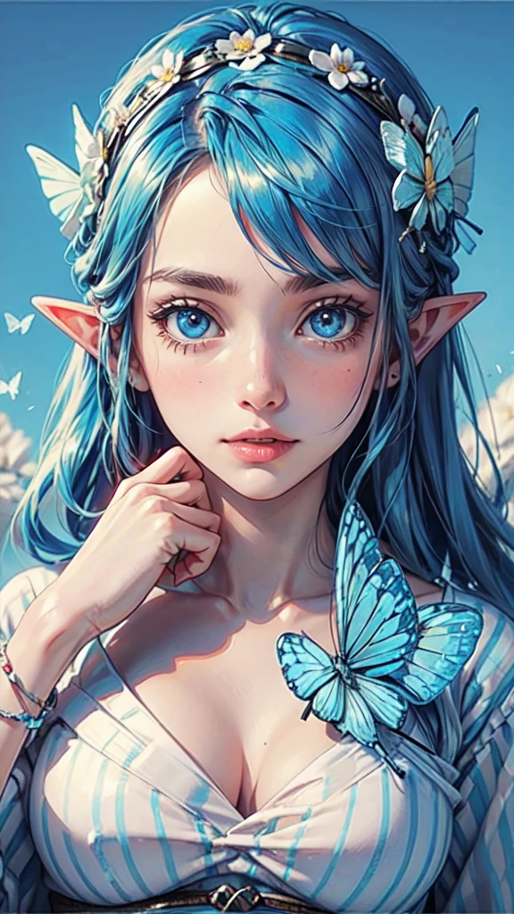 plastican00d， 1girll， tchibi， Blue hair，Ice cream in hand，There is a large butterfly headband on the head，Luxury fabrics， dither， Ice cream texture，Profound， looking at viewert， Striped background,,detailed eyes, detailed hands, detailed eyes, elf woman, flowers
