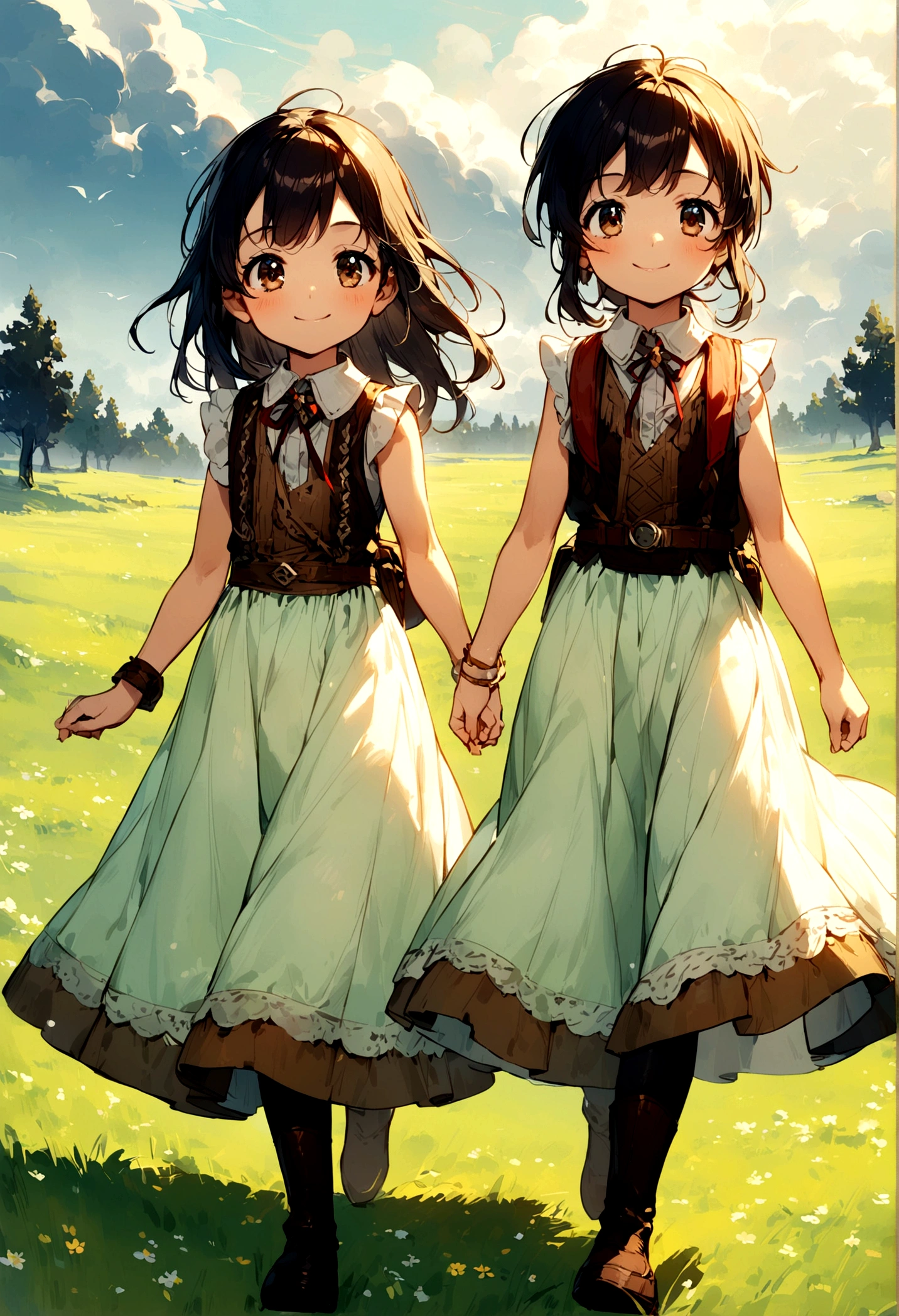 8 girl, western clothes、doress、Sleeveless、A smile、Eye Color Contacts、accessorized、full body Esbian、Walking、stormy 、meadow