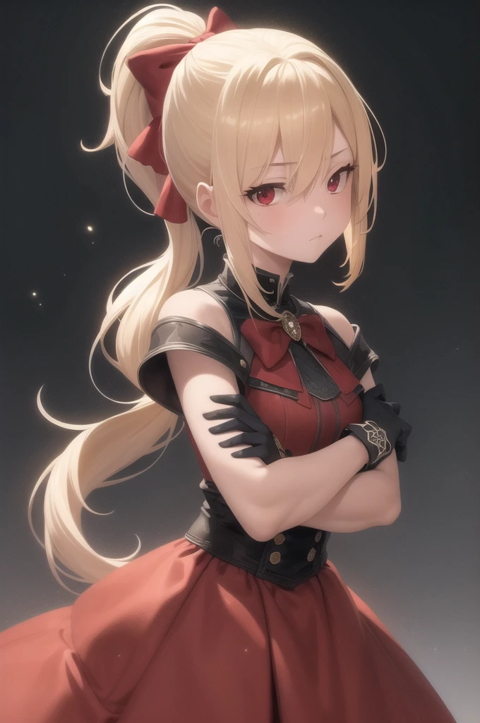 light particles, soft lighting, volumetric lighting, intricate details, finely detailed, backlighting,
1girl, solo, standing, upper body, crossed arms,
blonde hair, long hair, high ponytail, hair intakes, sidelocks, red bow,
red eyes, looking at viewer, tsurime, half-closed eyes,
red dress, off shoulder, bare arms, gloves,
black background, simple background,