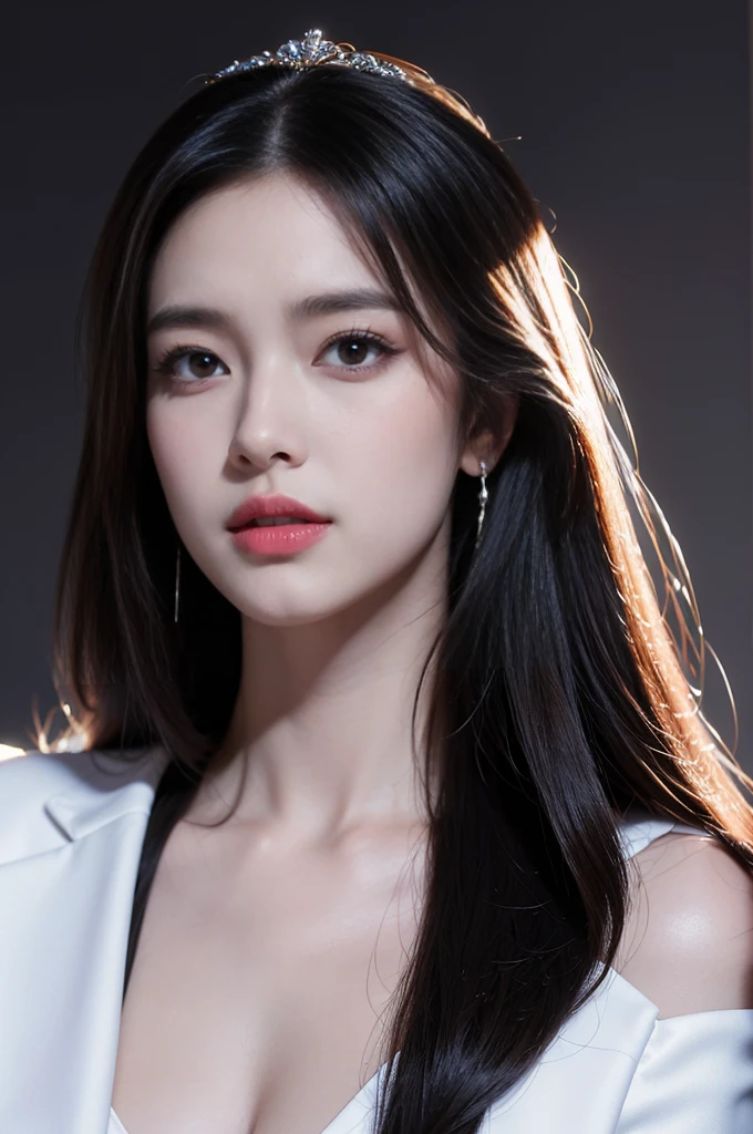 tmasterpiece,Best quality at best,A high resolution,8K,((Portrait)),(Head close-up),Original photo,real photograph,digital photography,(The queen of the modern world),(Female president),20-year-old girl,straight long hair,By bangs,The amount of hair amazing,red eyelack hair),Big breasts,Chest groove, accessories,cparted lips,Keep your mouth shuegant and charming,Serious and arrogant,Calm and handsome,(Women's professional wear,Black),Photo pose,Realisticstyle,greybackground,oc render reflection texture