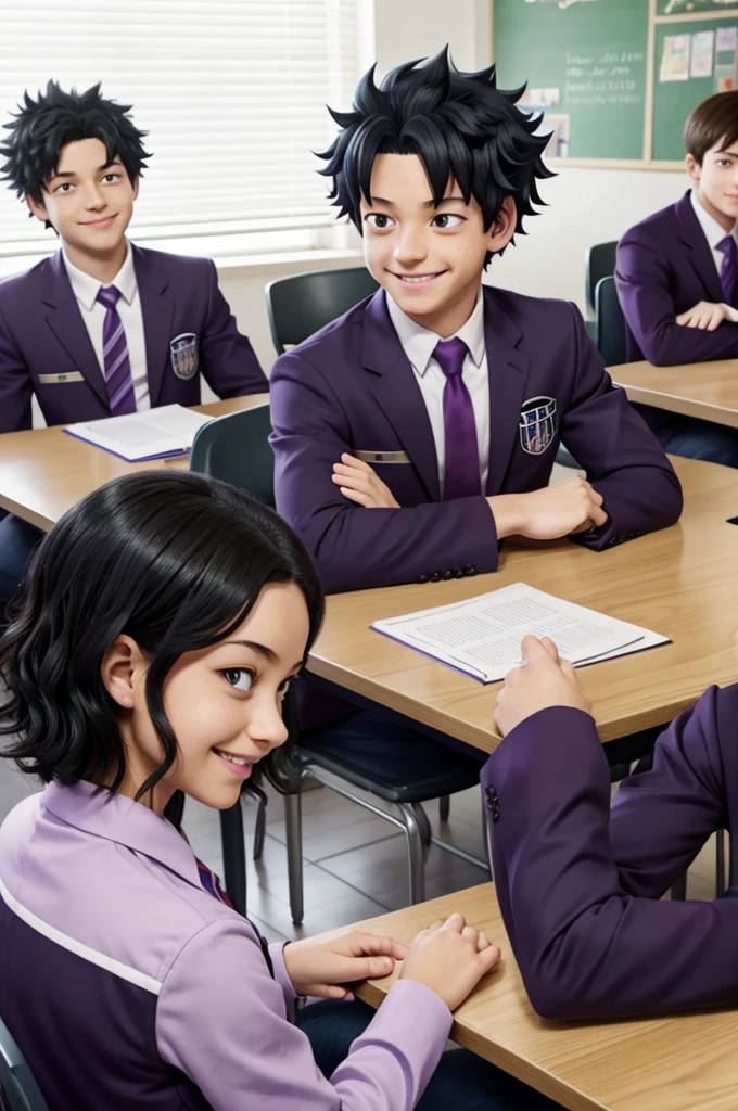Screenshot My hero Academia.
Girl curly black hair.
He has lilac eyes and a mole under his left eye, a happy expression, he is wearing the UA uniform and in the background he has a UA school class sitting at a table