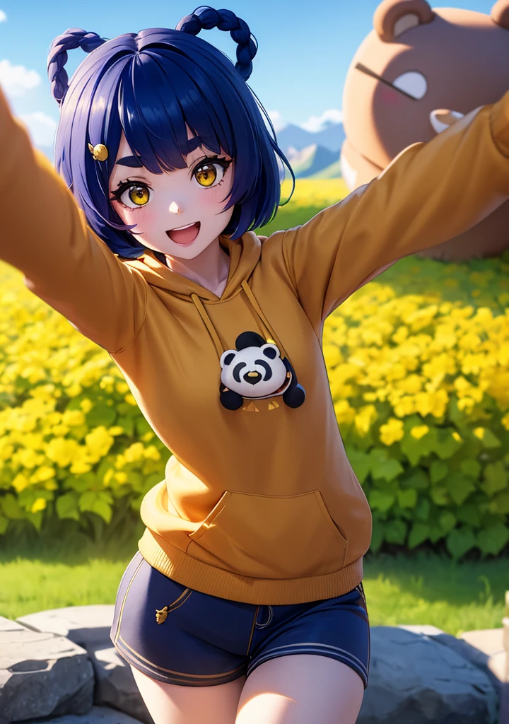 Masterpiece, Best Quality, 1 girl, Xiangling (genshin impact), selfie, SMILE, hair ornament, IN, looking at the viewer, yellow eyes, short hair, :d, fringe, hair pin, Open mouth, long sleeves, thick eyebrows, Hoodie, >_<, blue hair, puesta de sun, Casual, blurred, Arm raised, fringe romo, Upper part of the body, suno, disfraz alternatiINo, sun, reaching the viewer, Xd, sweater, outdoor, braid, panda, mountain, depth of field, sky