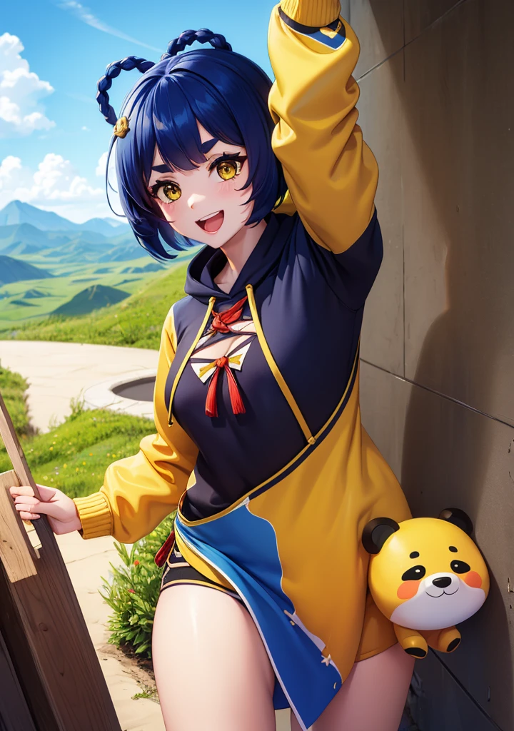 Masterpiece, Best Quality, 1 girl, Xiangling (genshin impact), selfie, SMILE, hair ornament, IN, looking at the viewer, yellow eyes, short hair, :d, fringe, hair pin, Open mouth, long sleeves, thick eyebrows, Hoodie, >_<, blue hair, puesta de sun, Casual, blurred, Arm raised, fringe romo, Upper part of the body, suno, disfraz alternatiINo, sun, reaching the viewer, Xd, sweater, outdoor, braid, panda, mountain, depth of field, sky